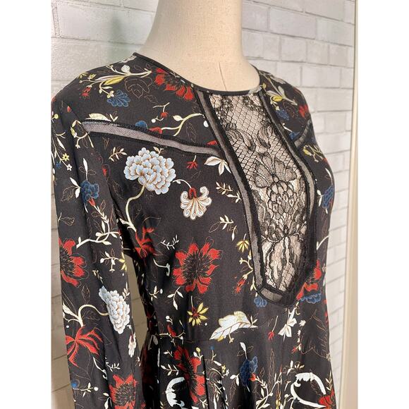 New! ALC 4 Dark Floral 100% SILK $695 Lace Cynthia Long Sleeve Fit Flare Dress - Picture 9 of 12